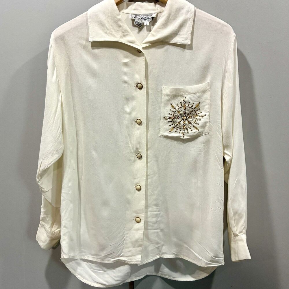 Vintage Saks Fifth Avenue Ivory Rayon Celestial Embellished Button Up Blouse M